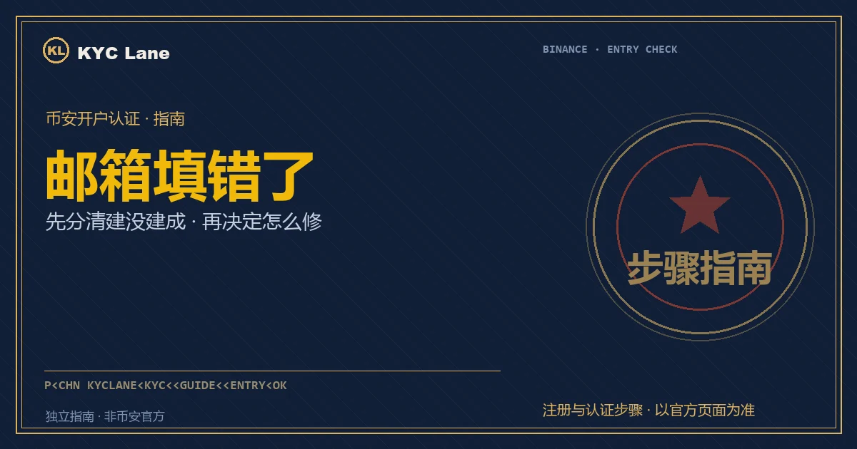 本文封面：墨蓝护照页版式，印着标题「邮箱填错了」与朱红金边的「步骤指南」核验章