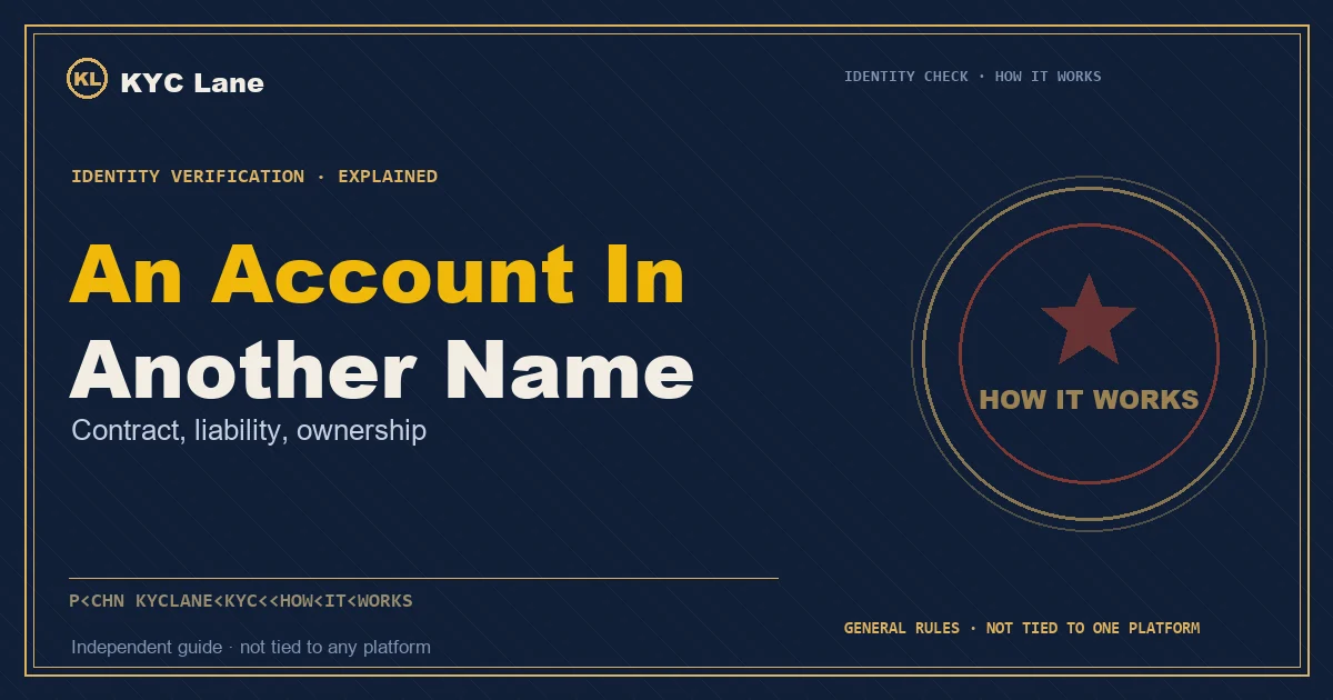 Article cover: ink-blue document page layout titled An Account In Another Name, subtitled contract, liability, ownership, beside a vermilion-and-gold round stamp reading HOW IT WORKS