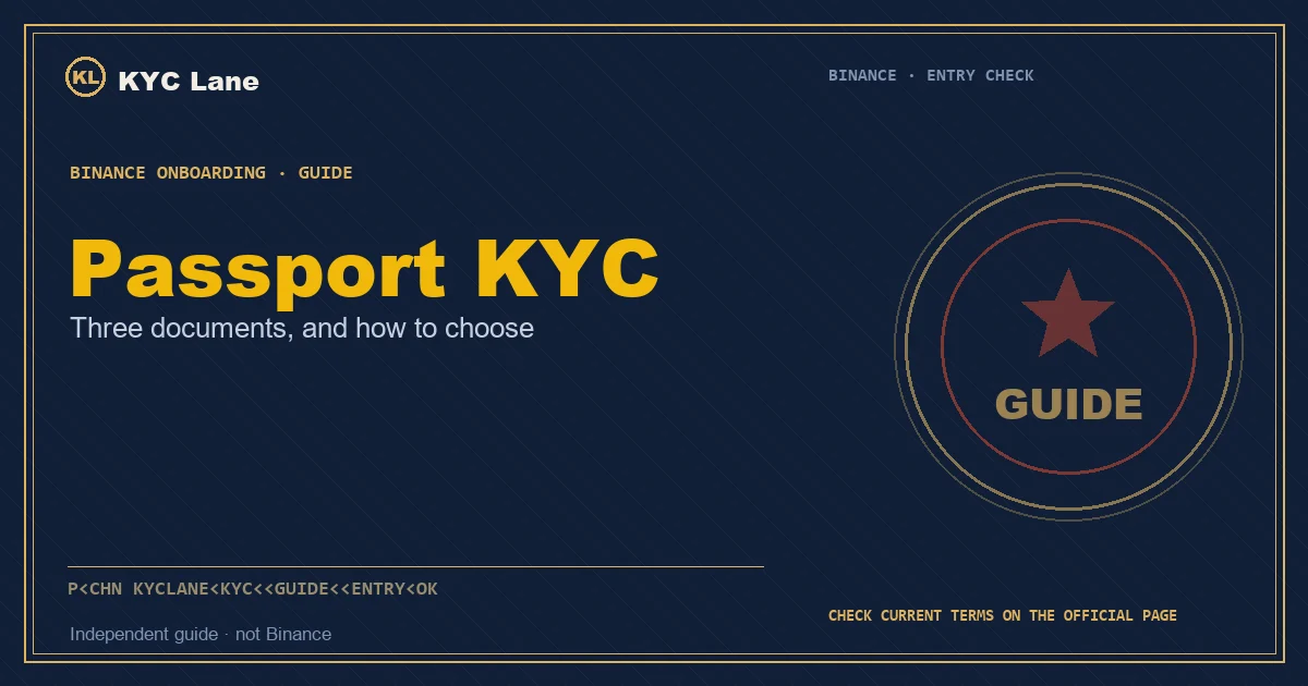 Article cover: a navy passport-page layout with the headline Passport KYC and a gold and red GUIDE verification stamp