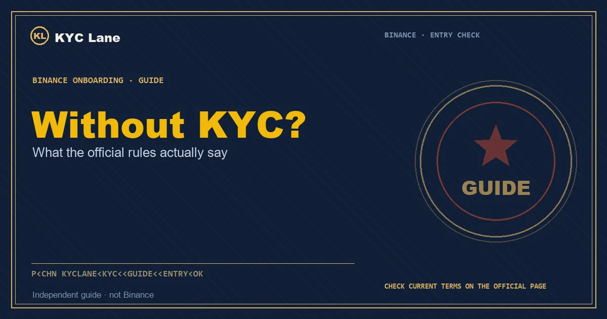 Article cover: a navy passport-page layout with the headline Without KYC and a gold and red GUIDE verification stamp