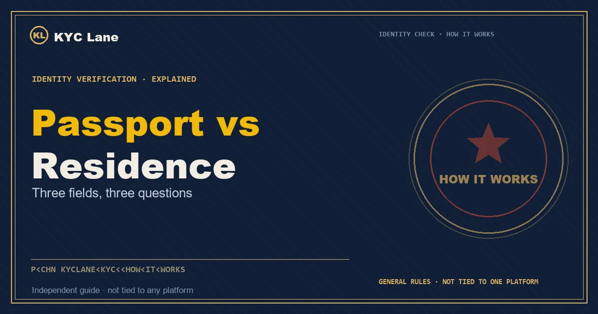 Article cover: ink-blue document page layout titled Passport vs Residence, subtitled three fields three questions, beside a vermilion-and-gold round stamp reading HOW IT WORKS