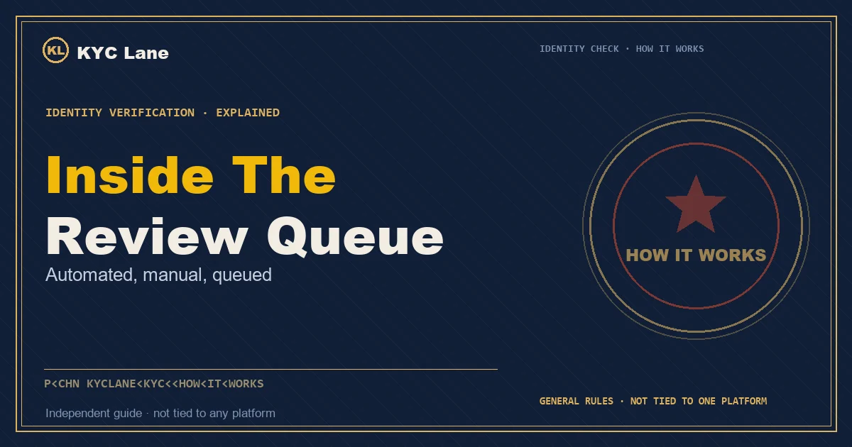 Article cover: ink-blue document page layout titled Inside The Review Queue, subtitled automated, manual, queued, beside a vermilion-and-gold round stamp reading HOW IT WORKS
