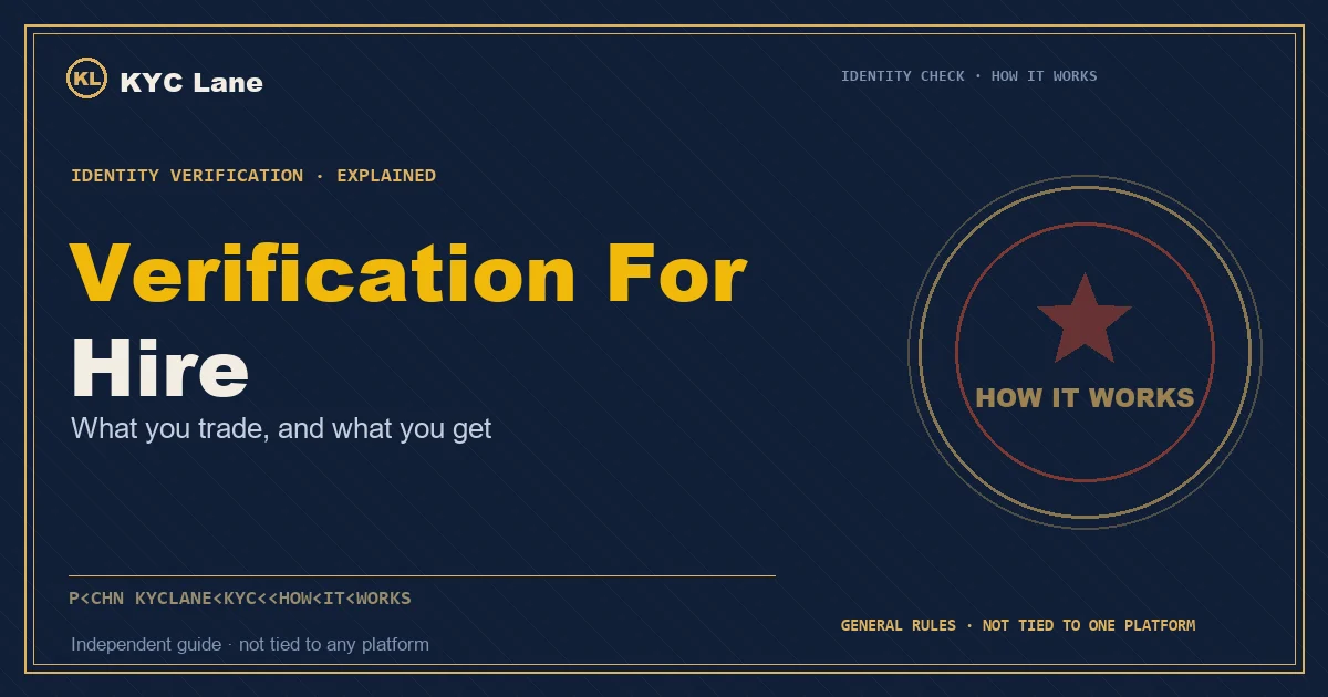 Article cover: ink-blue document page layout titled Verification For Hire, subtitled what you trade and what you get, beside a vermilion-and-gold round stamp reading HOW IT WORKS
