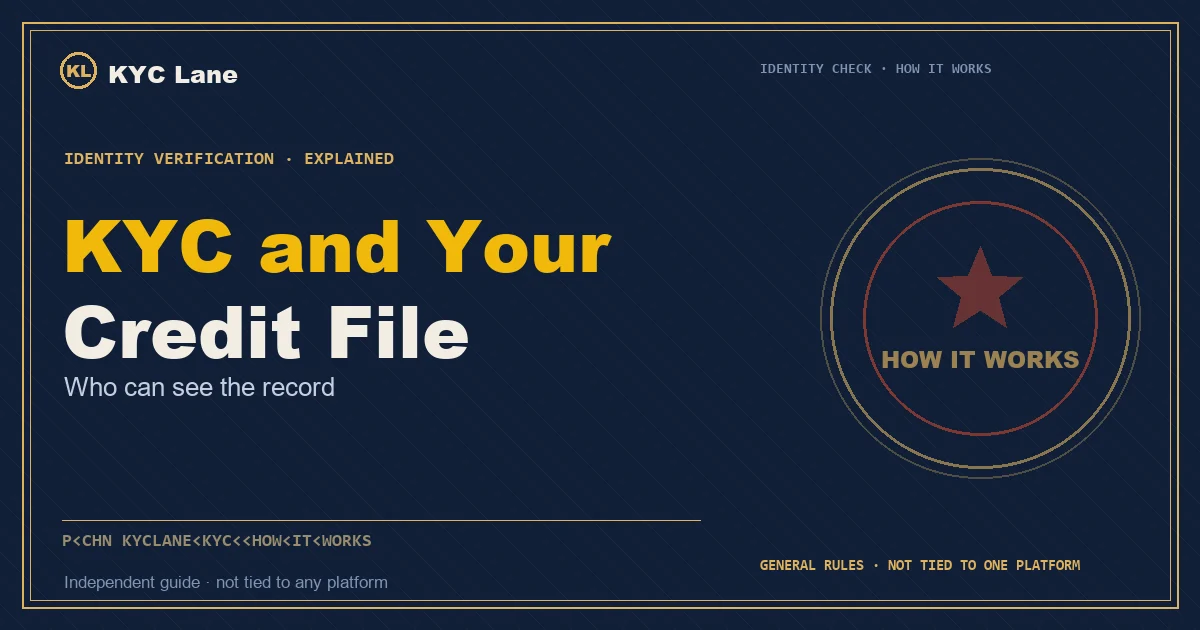 Article cover: ink-blue document page layout titled KYC and Your Credit File, subtitled who can see the record, beside a vermilion-and-gold round stamp reading HOW IT WORKS