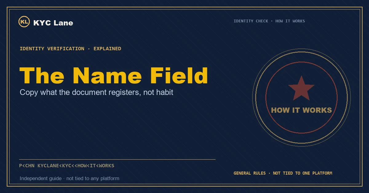 Article cover: a navy identity-page layout with the headline The Name Field and a gold and red HOW IT WORKS verification stamp