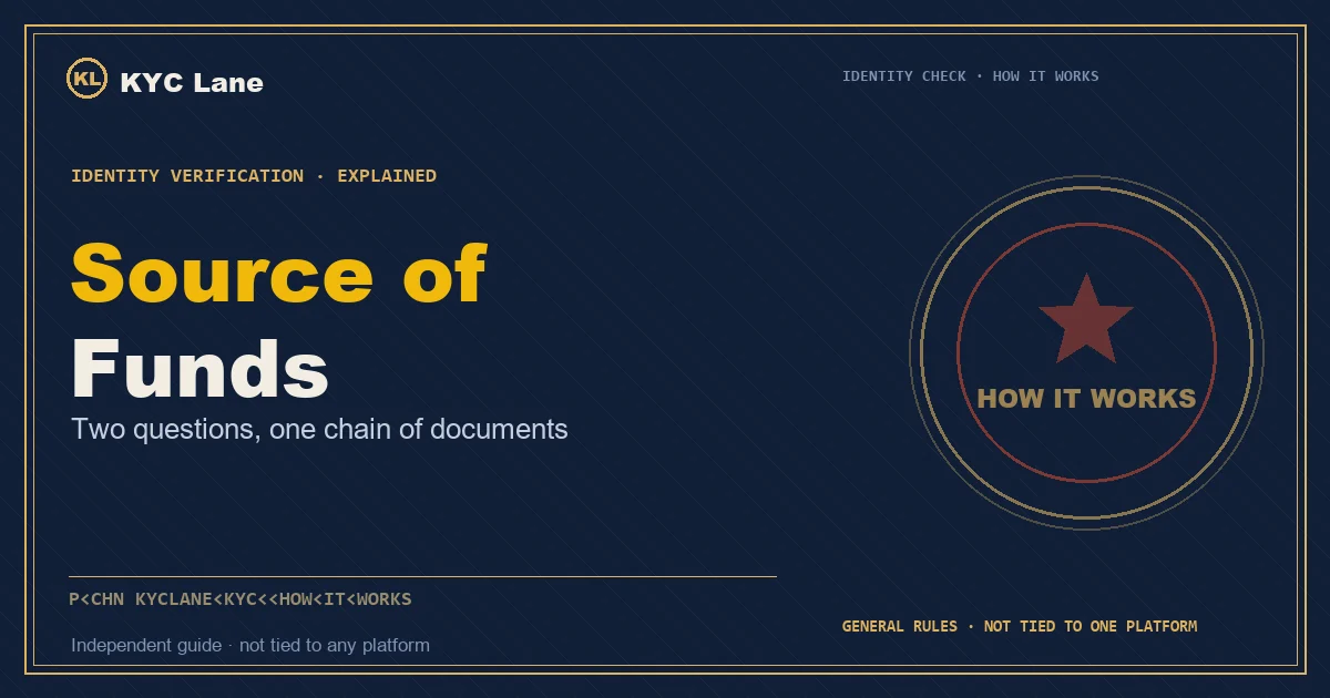 Article cover: ink-blue document page layout titled Source of Funds, subtitled two questions and one chain of documents, beside a vermilion-and-gold round stamp reading HOW IT WORKS