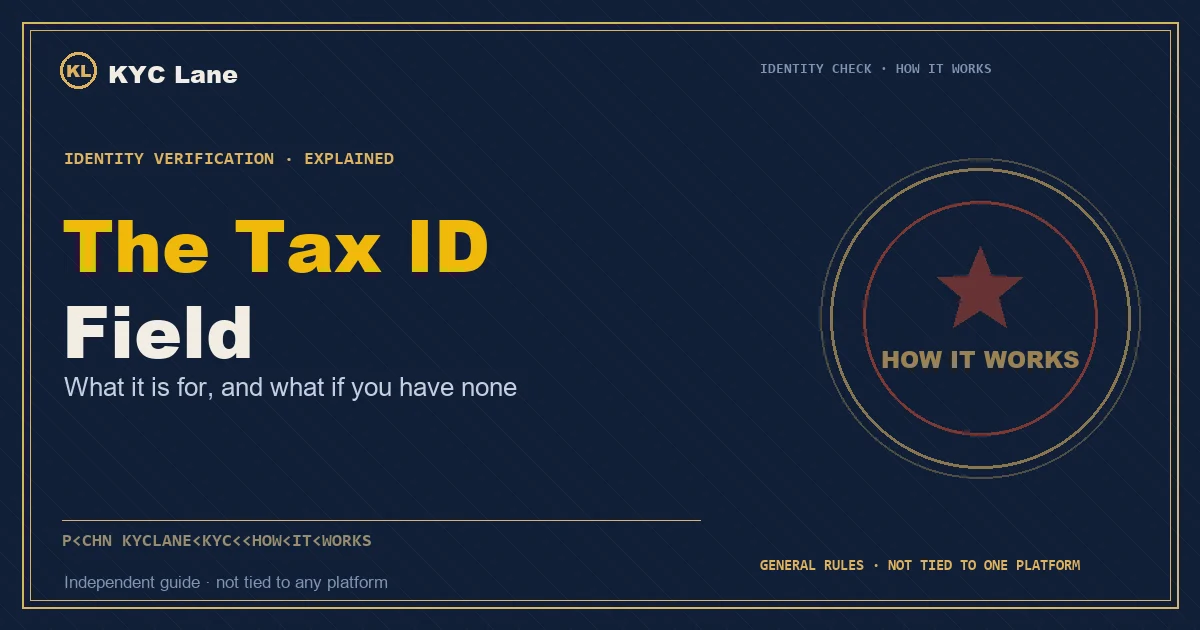 Article cover: ink-blue document page layout titled The Tax ID Field, subtitled what it is for and what if you have none, beside a vermilion-and-gold round stamp reading HOW IT WORKS