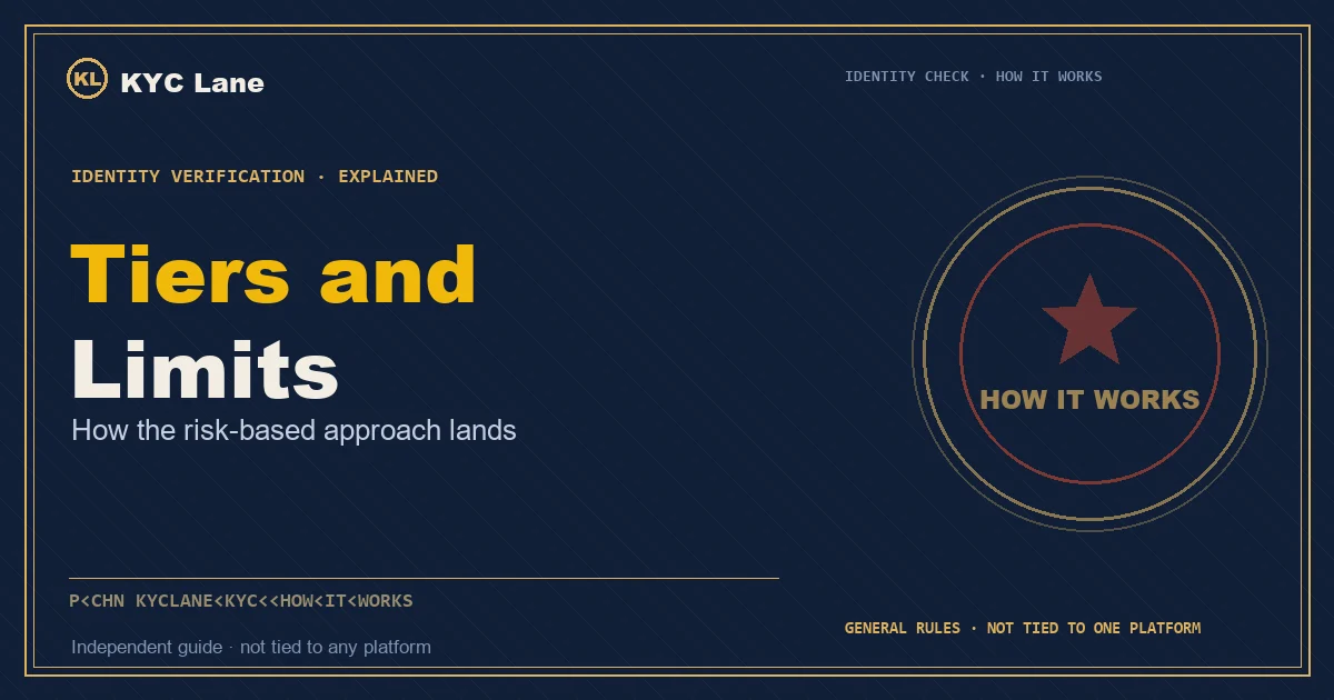 Article cover: ink-blue document page layout titled Tiers and Limits, subtitled how the risk-based approach lands, beside a vermilion-and-gold round stamp reading HOW IT WORKS