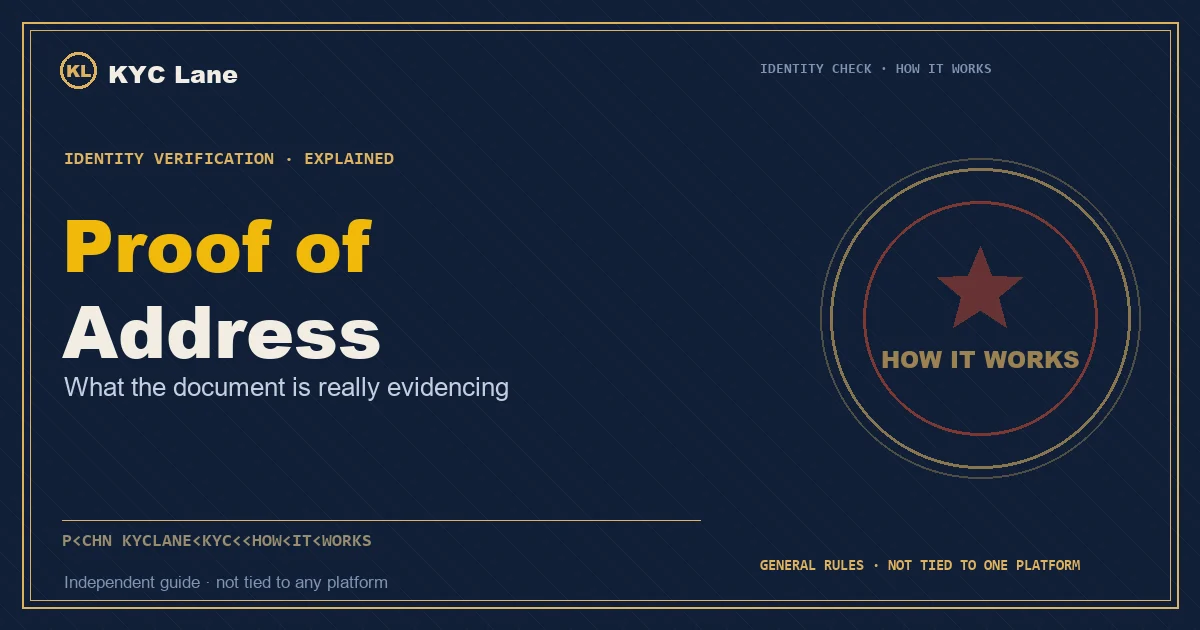 Article cover: ink-blue document page layout titled Proof of Address, subtitled what the document is really evidencing, beside a vermilion-and-gold round stamp reading HOW IT WORKS