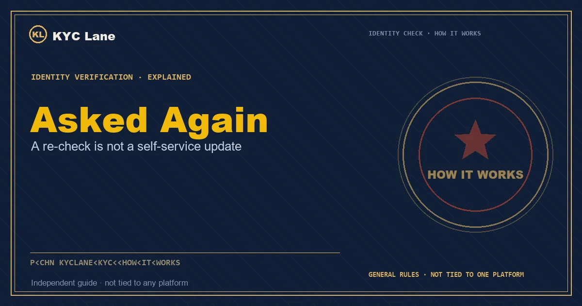 Article cover: ink-blue document page layout titled Asked Again, subtitled a re-check is not a self-service update, beside a vermilion-and-gold round stamp reading HOW IT WORKS