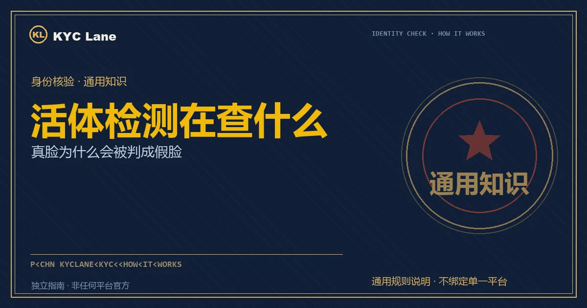本文封面：墨蓝证件页版式，印着标题「活体检测在查什么」与朱红金边的「通用知识」核验章