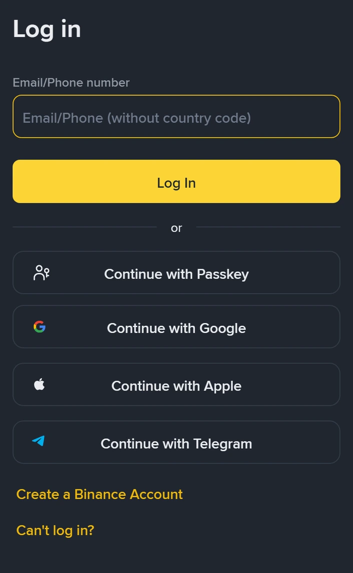 Binance login screen on mobile: a Log in heading above an Email/Phone number field and a yellow Log In button, then Continue with Passkey, Continue with Google, Continue with Apple and Continue with Telegram, with Create a Binance Account and Can't log in? links at the bottom