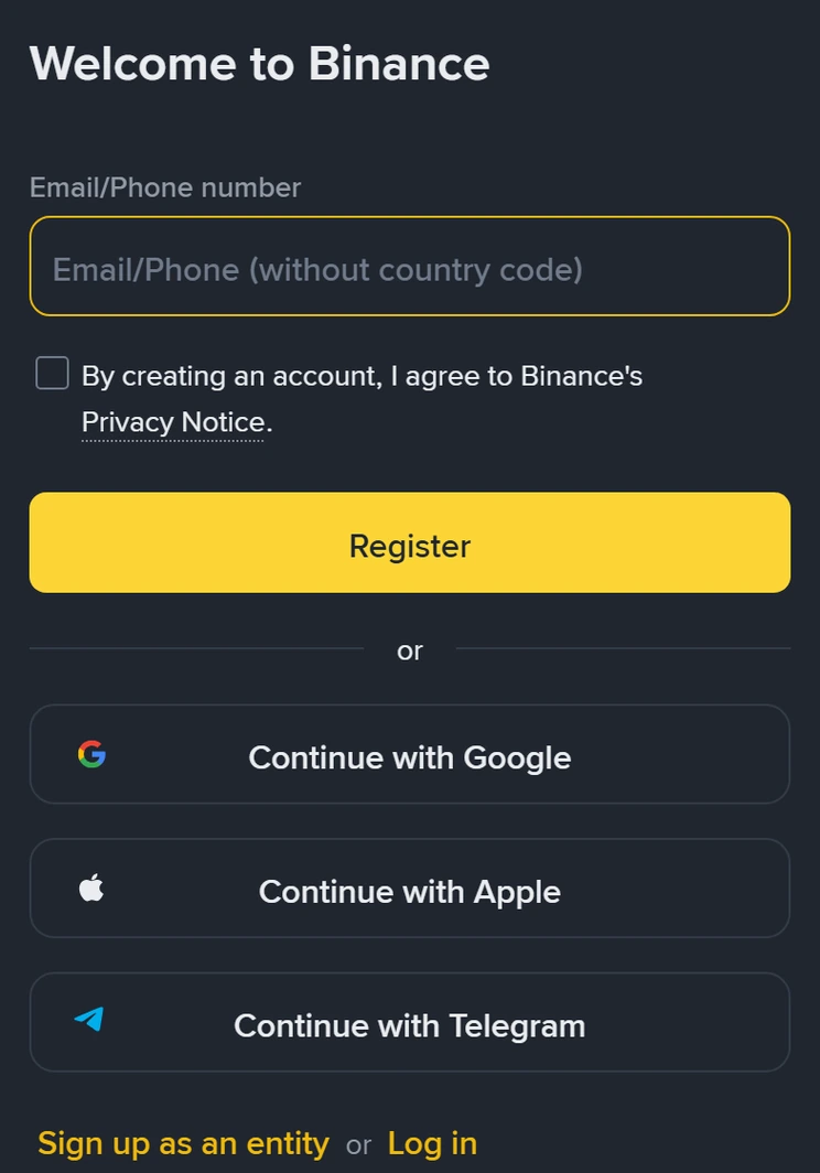 Binance sign-up screen on mobile: under the heading Welcome to Binance there is a single Email/Phone number field, a consent checkbox for the Privacy Notice, a yellow Register button, and Continue with Google, Apple and Telegram buttons below